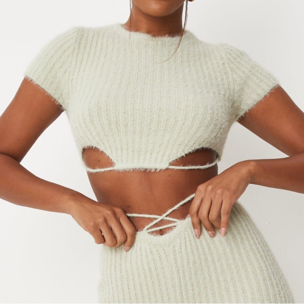 nwt carli bybel x missguided pistachio fluffy open back crop top